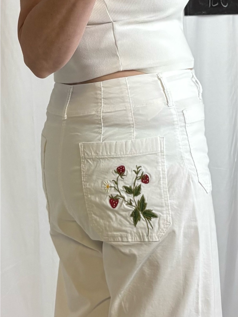 Maeve White Pants with Strawberry Embroidery Detail